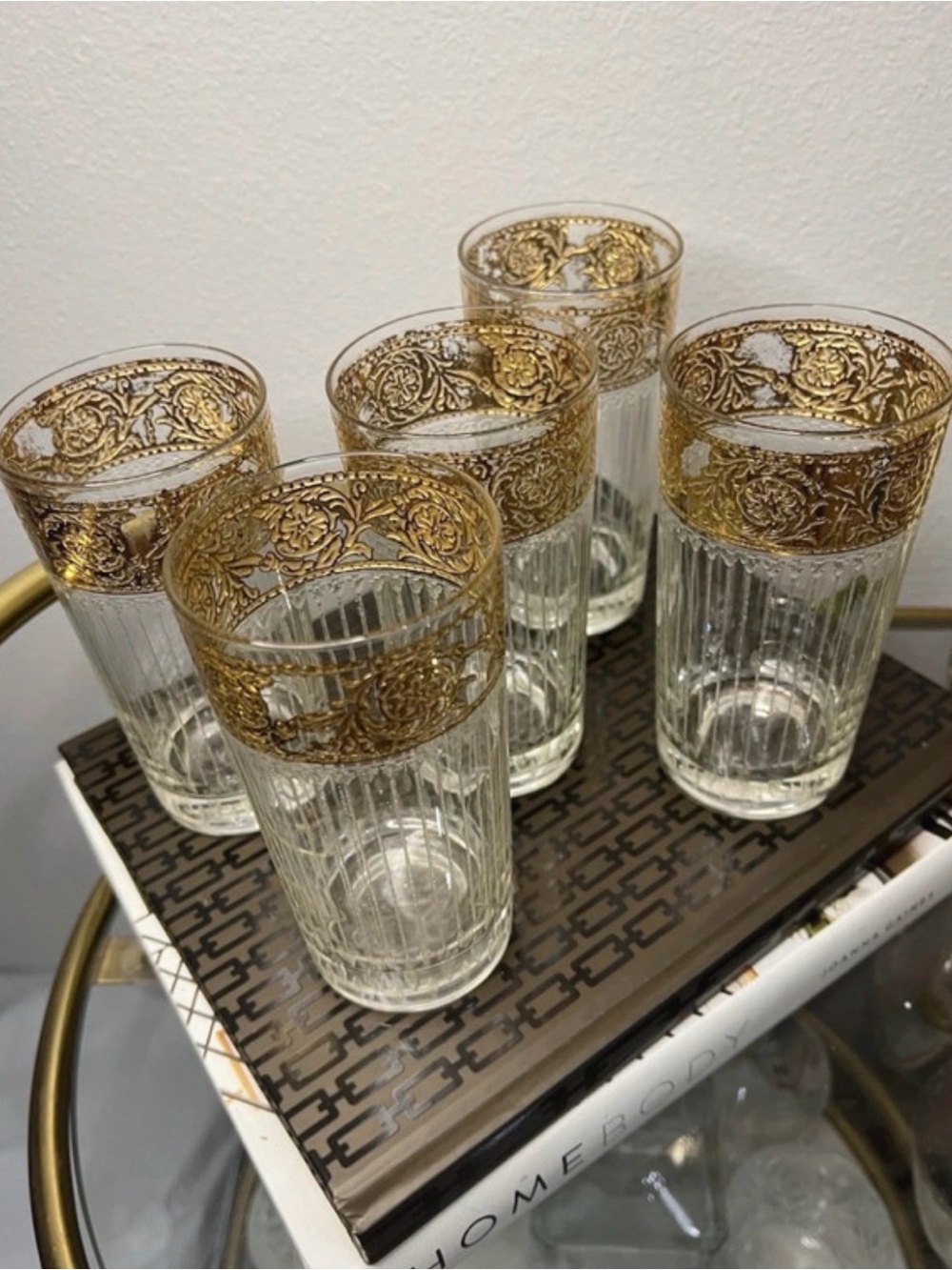 Vintage Culver Set of 5 Highball Glasses with 22k Gold Filigree Rim